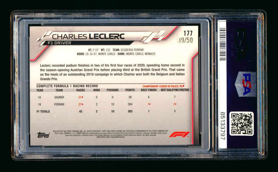 2020 Topps Chrome F1 #177 Charles Leclerc RC Gold Refractor #39/50 PSA 8