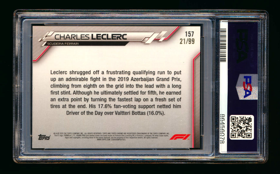 2020 Topps Chrome Sapphire F1 #157 Charles Leclerc RC Aqua Refractor #21/99 PSA 8