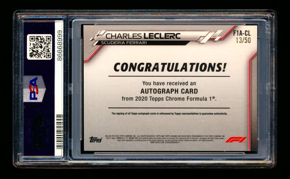 2020 Topps Chrome F1 #F1A-CL Charles Leclerc RC Gold Wave Refractor Autograph #13/50 PSA 8 DNA 10