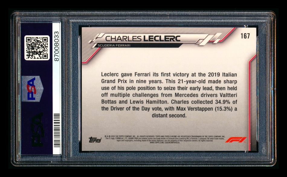 2020 Topps Chrome F1 #167 Charles Leclerc RC 70th Anniversary Gold Refractor PSA 8 ** (SOLD eBay - $59.00 - 7/5/2026) **