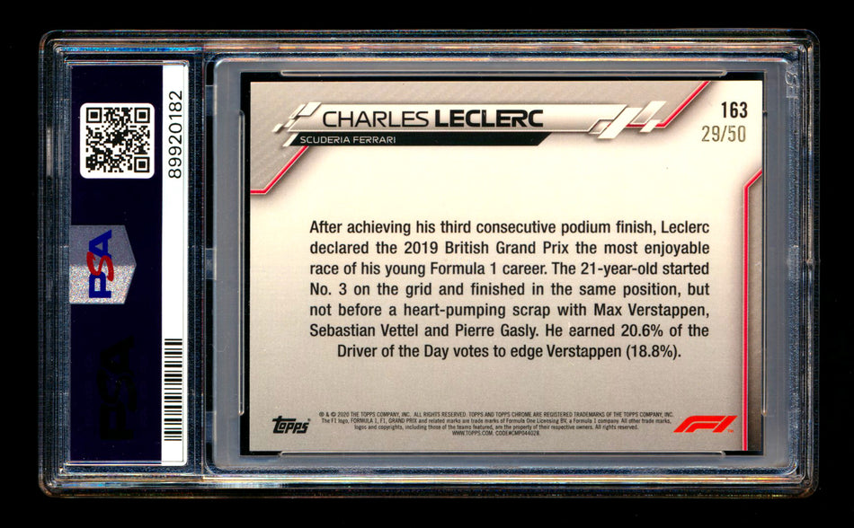 2020 Topps Chrome F1 #163 Charles Leclerc RC Gold Refractor #29/50 PSA 9