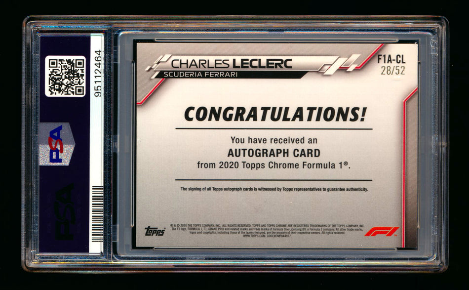 2020 Topps Chrome F1 #F1A-CL Charles Leclerc RC Refractor Autograph #28/52 PSA 7 NM ** (SOLD - $2295.00 - 12/14/2024) **