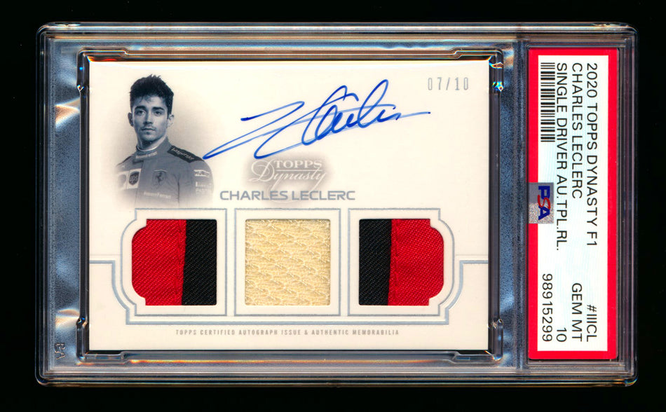 2020 Topps Dynasty F1 #TRA-IIICL Charles Leclerc ROOKIE Triple Patch Autograph #07/10 PSA 10 Gem Mint