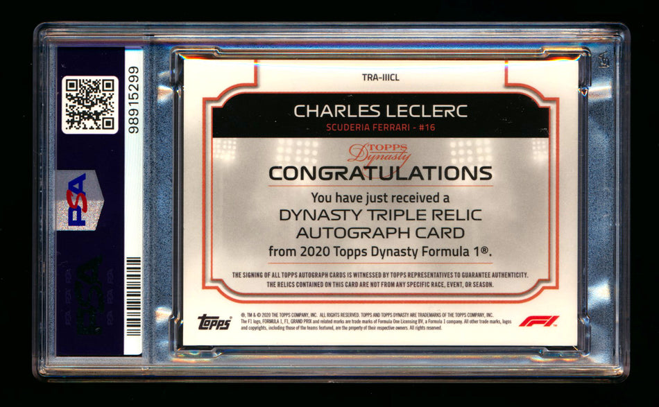 2020 Topps Dynasty F1 #TRA-IIICL Charles Leclerc ROOKIE Triple Patch Autograph #07/10 PSA 10 Gem Mint