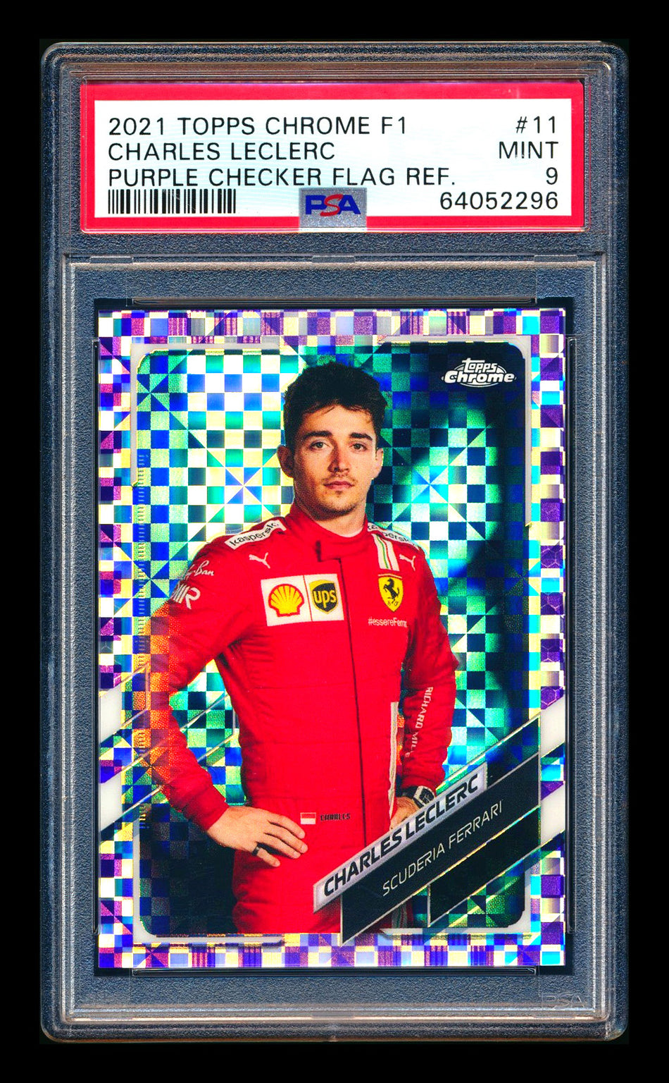 2021 Topps Chrome F1 #11 Charles Leclerc Purple Checker Refractor Portrait #057/199 PSA 9