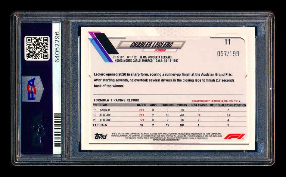 2021 Topps Chrome F1 #11 Charles Leclerc Purple Checker Refractor Portrait #057/199 PSA 9
