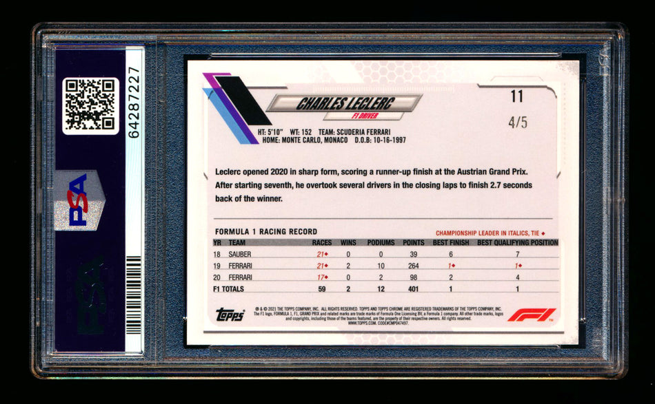 2021 Topps Chrome F1 #11 Charles Leclerc Red Refractor Portrait #4/5 PSA 9 ** (SOLD - $1,749.00 - 12/6/2024) **