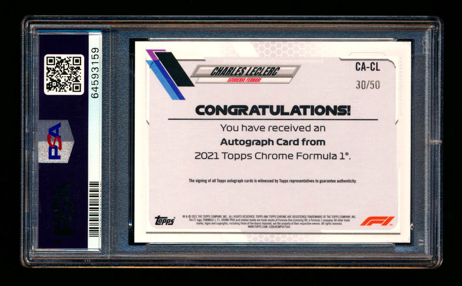 2021 Topps Chrome F1 #CA-CL Charles Leclerc Gold Wave Refractor Autograph #30/50 PSA 10 ** (SOLD - $600.00 - 12/8/2024) **