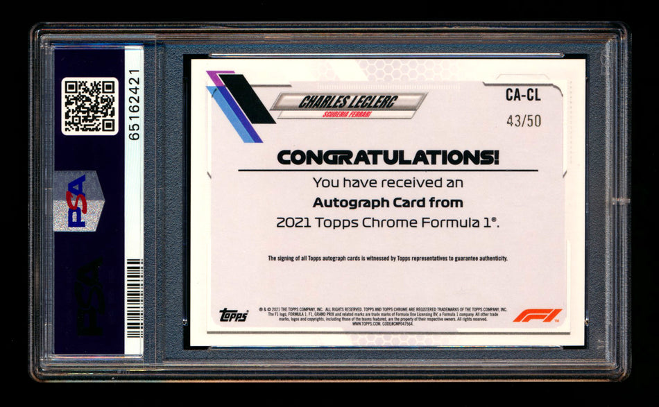 2021 Topps Chrome F1 #CA-CL Charles Leclerc Gold Refractor Autograph #43/50 PSA 9 ** (SOLD - $355.00 - 1/12/2025) **
