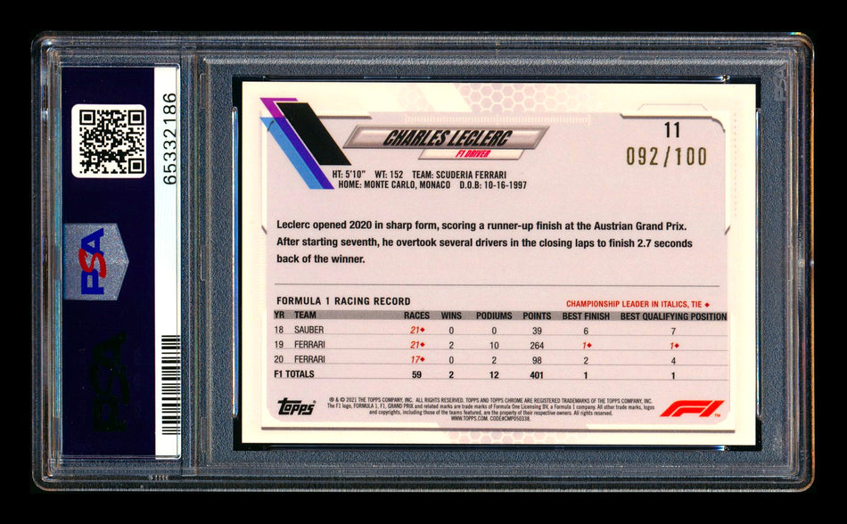 2021 Topps Chrome Sapphire F1 #11 Charles Leclerc Negative Refractor Portrait #092/100 PSA 10