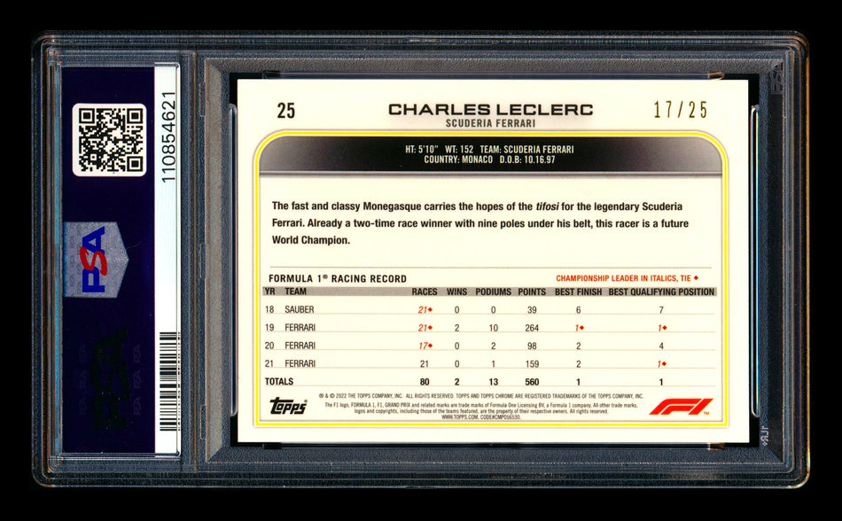 2022 Topps Chrome Sapphire F1 #25 Charles Leclerc Orange Refractor Portrait #17/25 PSA 10 ** (SOLD - $395.00 - 7/9/2026) **