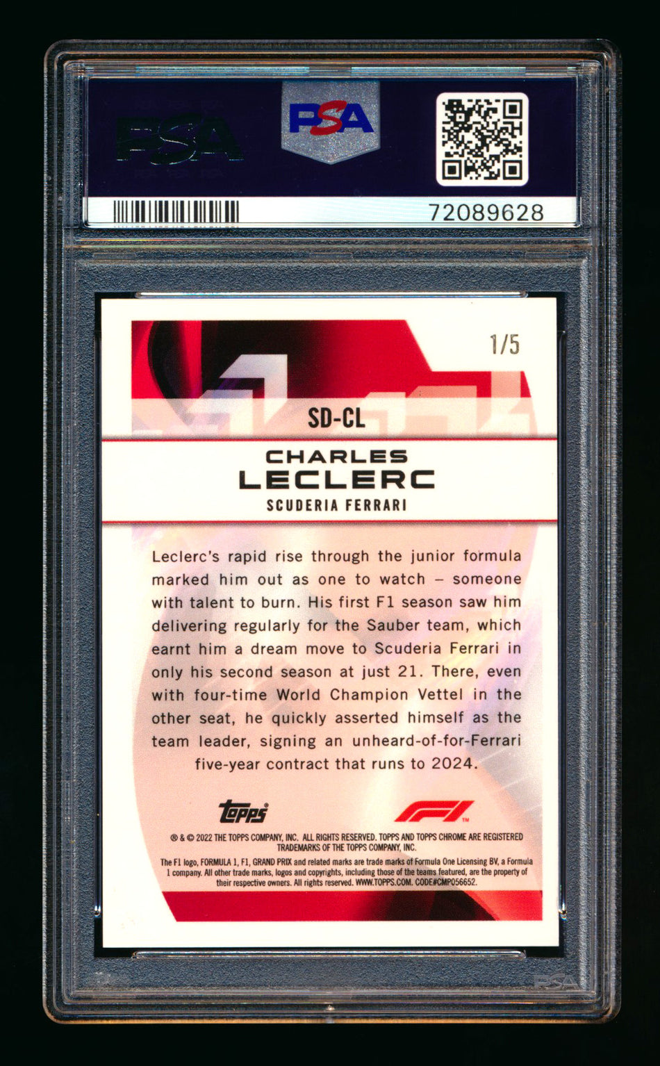 2022 Topps Chrome F1 Speed Demons #SD-CL Charles Leclerc Red Refractor #1/5 PSA 10 (First #!) ** (SOLD - $850.00 - 12/30/2025) **