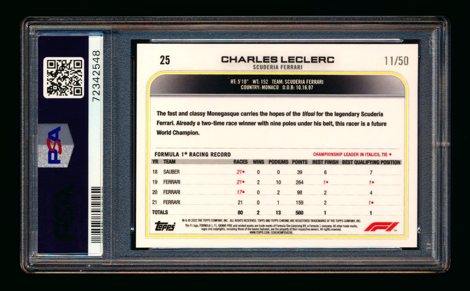 2022 Topps Chrome F1 #25 Charles Leclerc Gold Refractor Portrait #11/50 PSA 10 ** (SOLD - $100.00 - 12/23/2024) **