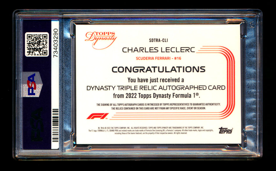 2022 Topps Dynasty F1 #SDTRA-CLI Charles Leclerc Red Triple Patch Autograph #2/5 PSA 10 Gem Mint ** (SOLD eBay - $1795.00 - 6/8/2025) **