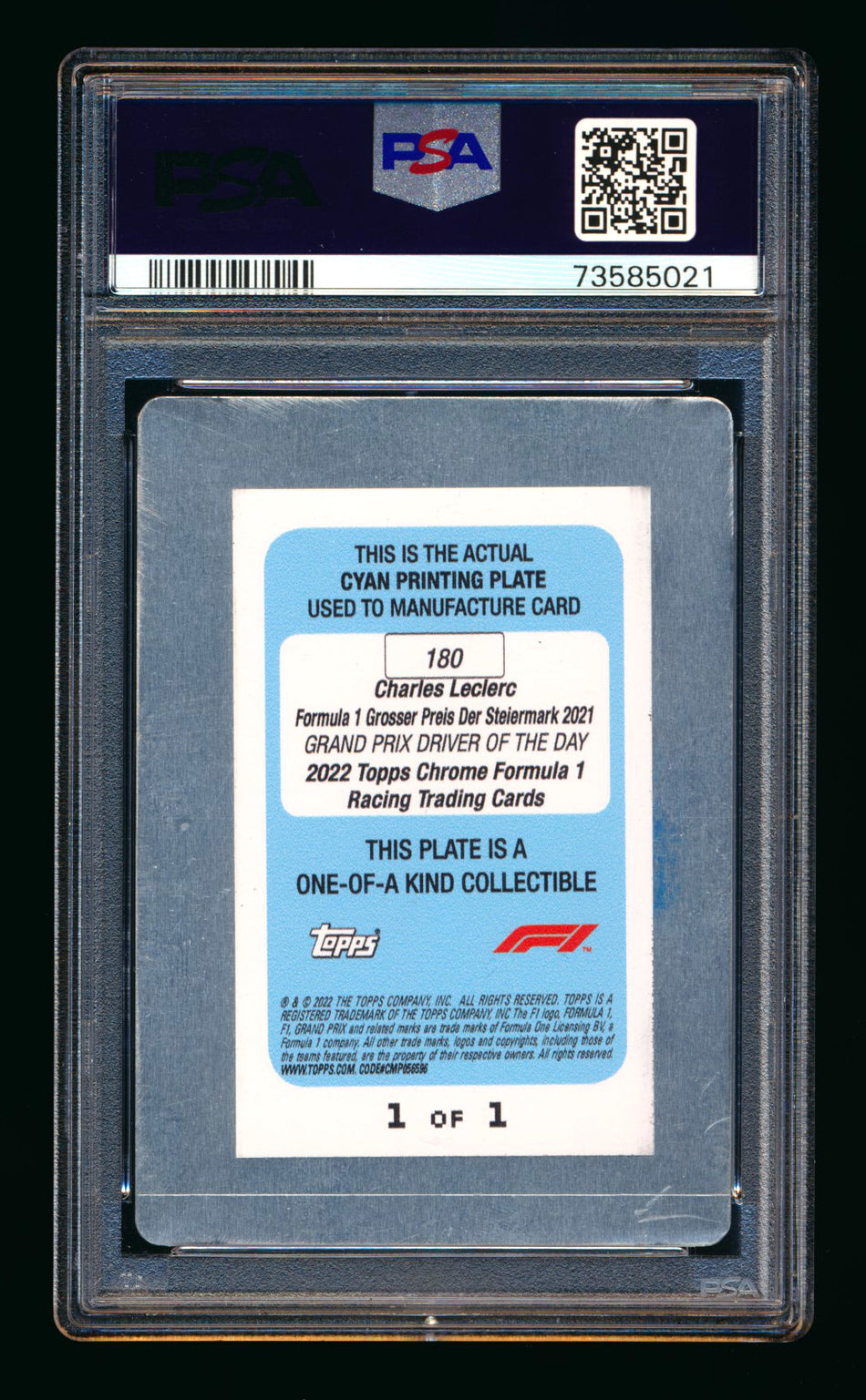 2022 Topps Chrome F1 #180 Charles Leclerc Cyan Printing Plate #1/1 PSA Authentic ** (SOLD eBay - $109.00 - 2/17/2025) **