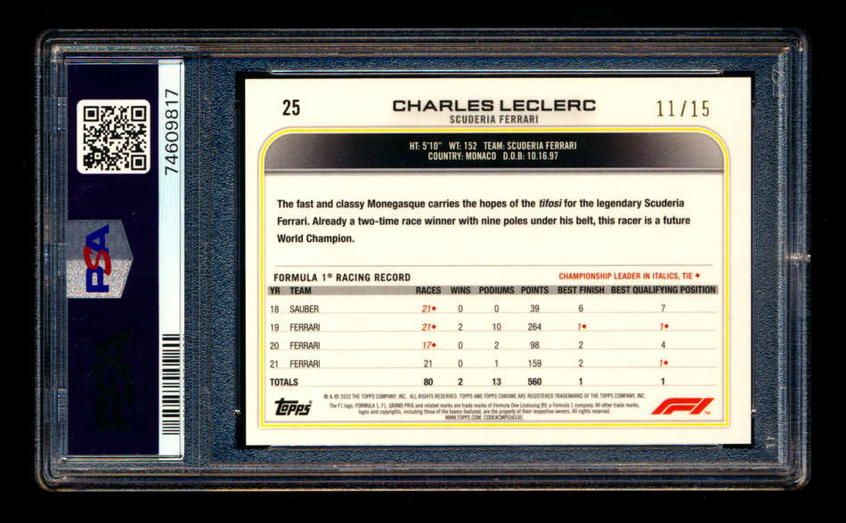 2022 Topps Chrome Sapphire F1 #25 Charles Leclerc Black & White Refractor Portrait #11/15 PSA 10 ** (SOLD - $255.00 - 12/17/2024) **