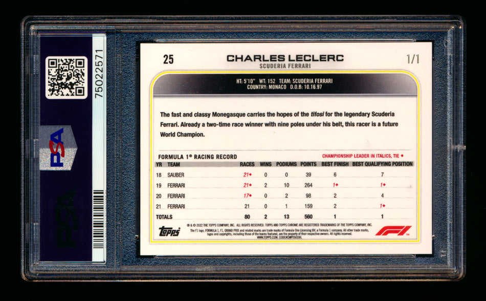 2022 Topps Chrome F1 #25 Charles Leclerc Black Raywave Refractor Portrait #1/1 PSA 9 - POP 1!