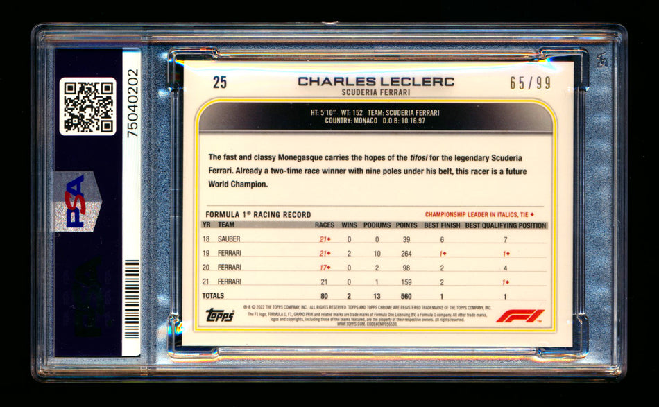 2022 Topps Chrome Sapphire F1 #25 Charles Leclerc Aqua Refractor Portrait #70/99 PSA 10 ** (SOLD - $70.00 - 12/17/2024) **
