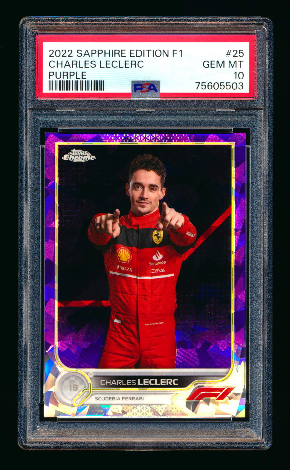 2022 Topps Chrome Sapphire F1 #25 Charles Leclerc Purple Refractor Portrait #07/10 PSA 10 ** (SOLD - $305.00 - 12/17/2024) **