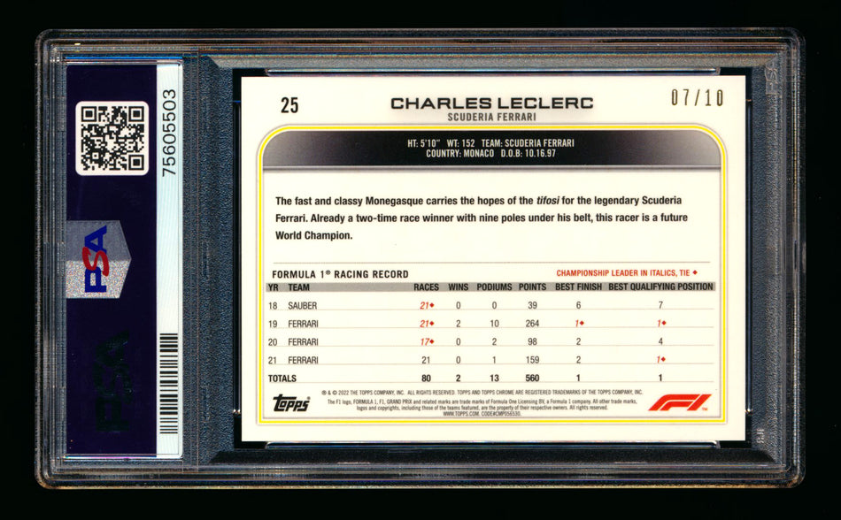 2022 Topps Chrome Sapphire F1 #25 Charles Leclerc Purple Refractor Portrait #07/10 PSA 10 ** (SOLD - $305.00 - 12/17/2024) **