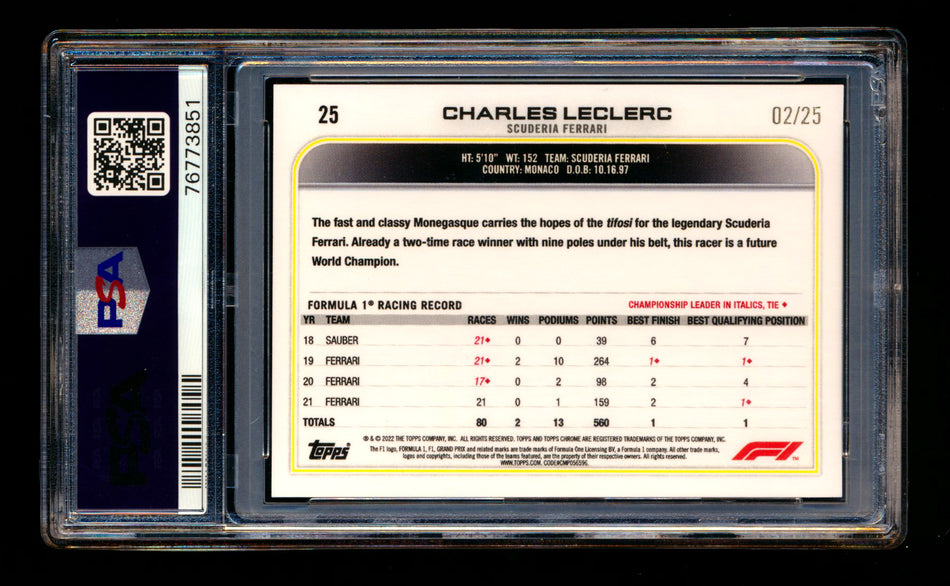 2022 Topps Chrome F1 #25 Charles Leclerc Orange Wave Refractor Portrait #02/25 PSA 10 ** (SOLD eBay - $179.00 - 5/3/2025) **