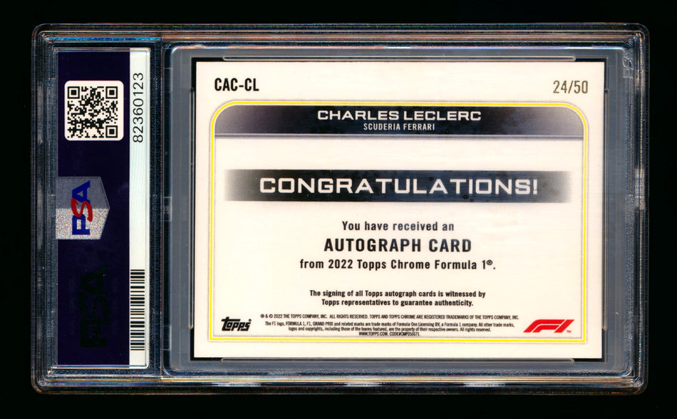 2022 Topps Chrome F1 #CAC-CL Charles Leclerc Gold Wave Refractor Autograph #24/50 PSA 10 ** (SOLD - $625.00 - 12/17/2024) **