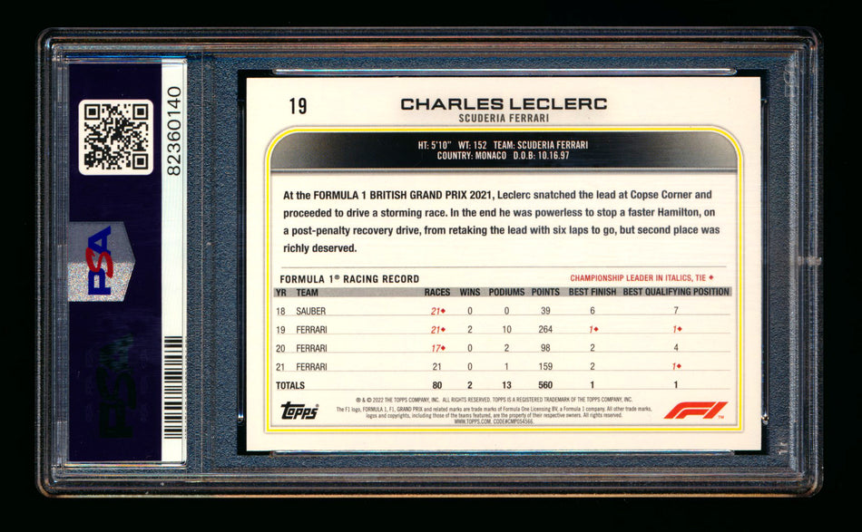 2022 Topps F1 #19 Charles Leclerc Image Variation SP PSA 10 ** (SOLD - $95.00 - 2/14/2025) **