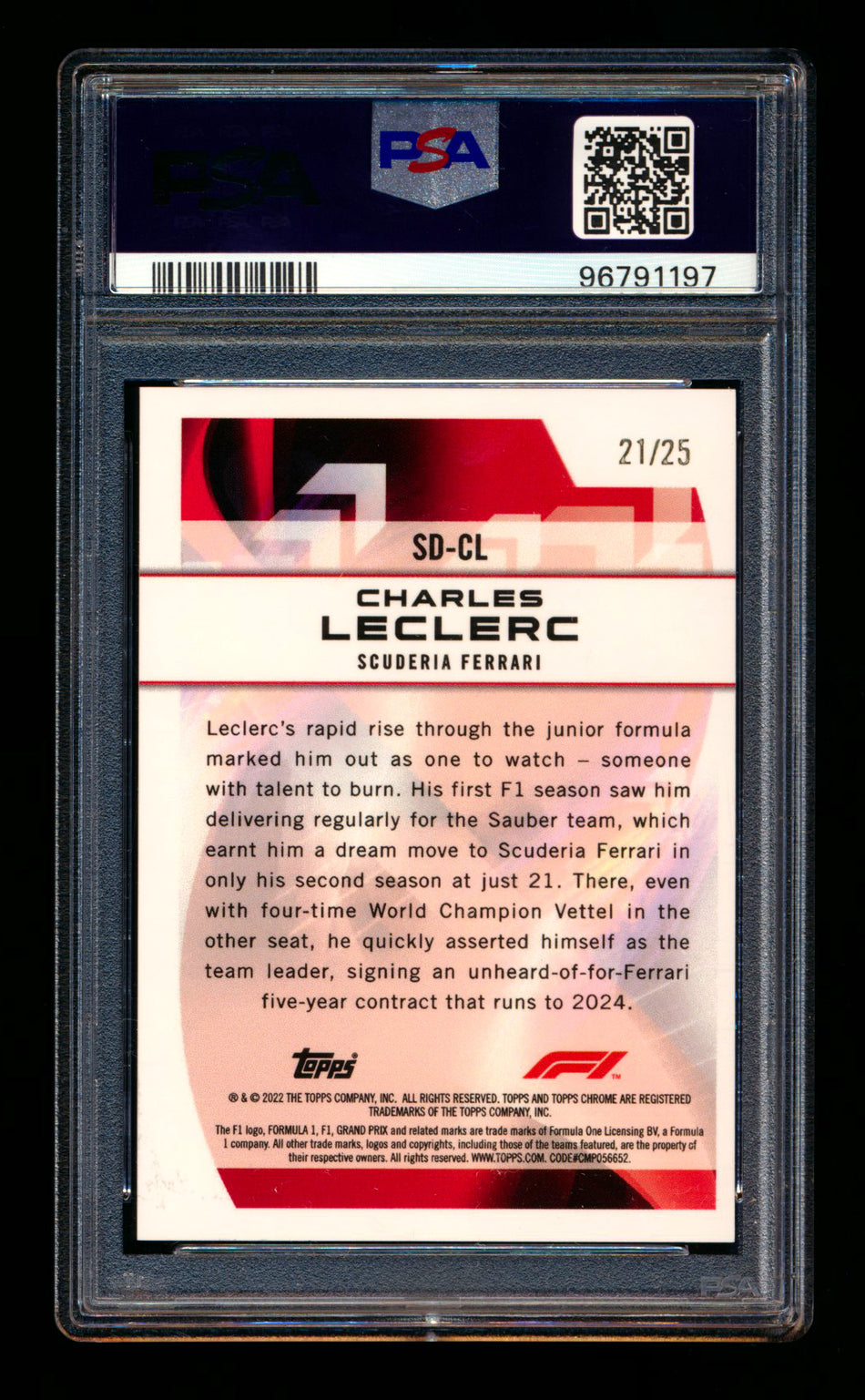 2022 Topps Chrome F1 Speed Demons #SD-CL Charles Leclerc Orange Refractor #21/25 PSA 10 ** (SOLD - $200.00 - 12/17/2024) **