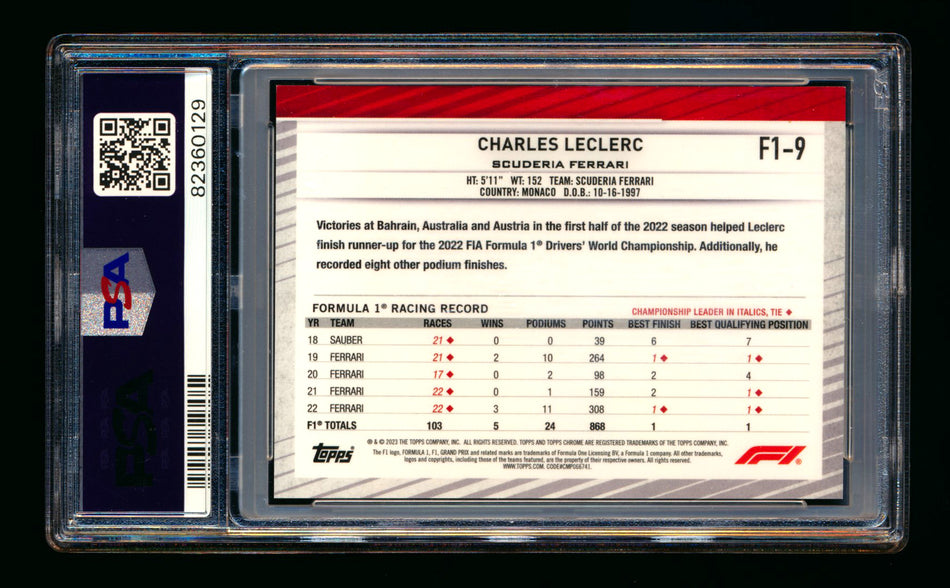 2023 Topps Chrome NSCC F1 #F1-9 Charles Leclerc Gold Refractor #41/50 PSA 10 ** (SOLD - $129.00 - 12/13/2024) **