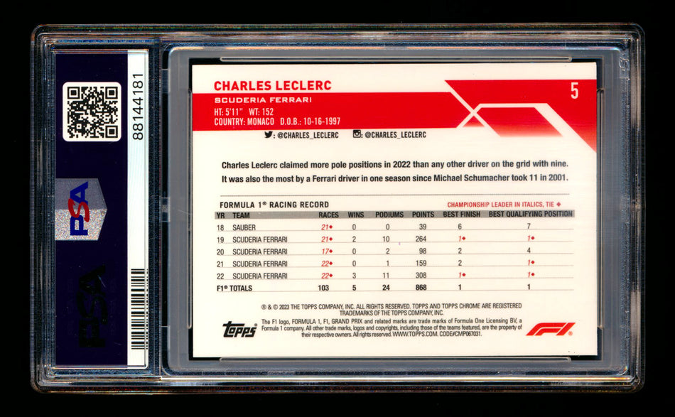 2023 Topps Chrome F1 #5 Charles Leclerc Aqua Wave Refractor Portrait #119/150 PSA 10