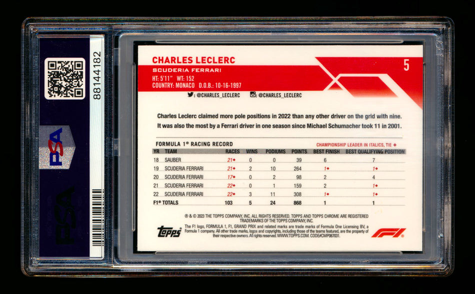 2023 Topps Chrome F1 #5 Charles Leclerc Gold Checker Flag Refractor Portrait #16/50 PSA 10 (Car Number!) ** (SOLD - $150.00 - 12/17/2024) **
