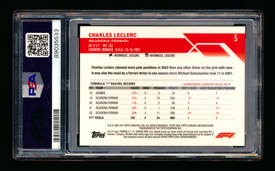 2023 Topps Chrome F1 #5 Charles Leclerc Orange Wave Refractor Portrait #18/25 PSA 10 ** (SOLD - $135.00 - 12/17/2024) **