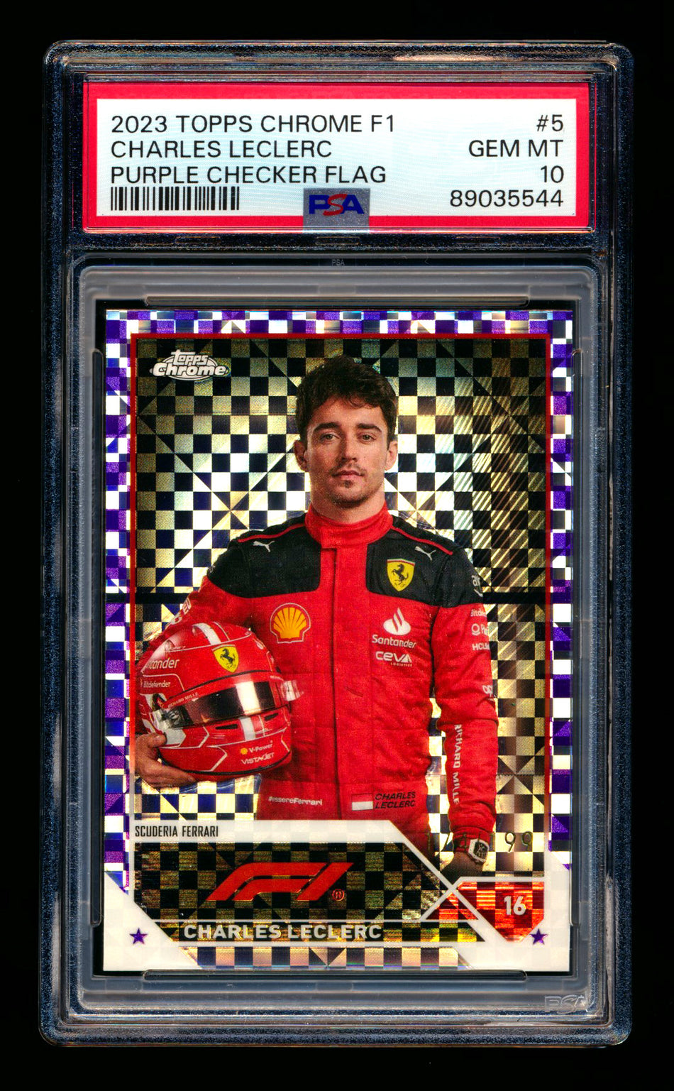 2023 Topps Chrome F1 #5 Charles Leclerc Purple Checker Flag Refractor Portrait #174/199 PSA 10