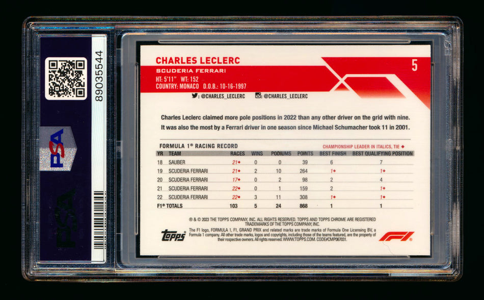 2023 Topps Chrome F1 #5 Charles Leclerc Purple Checker Flag Refractor Portrait #174/199 PSA 10