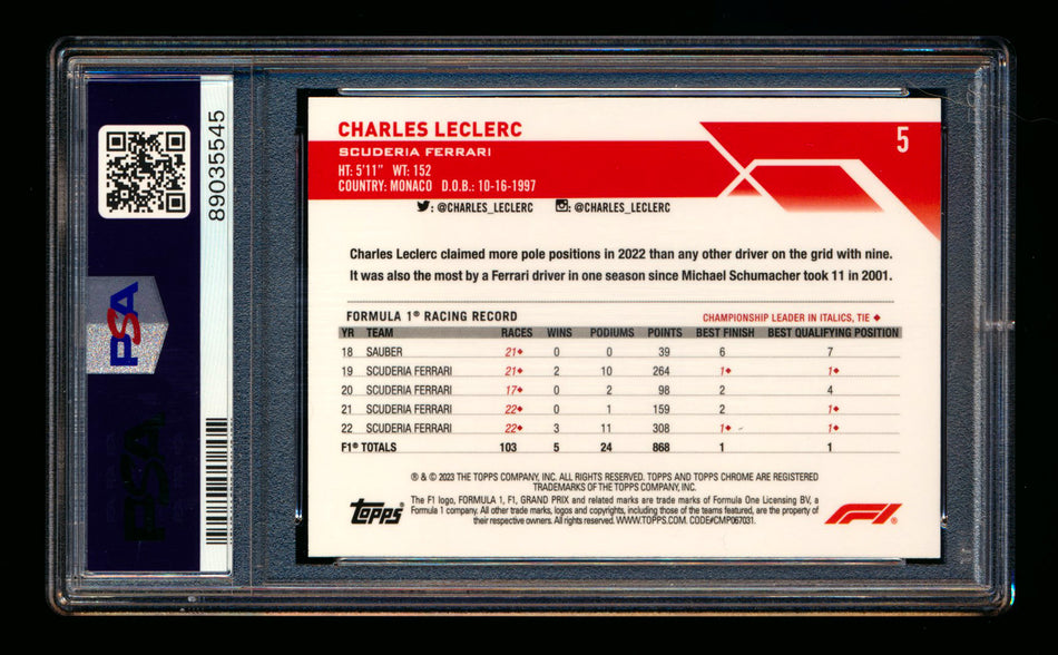 2023 Topps Chrome F1 #5 Charles Leclerc Orange/Red Refractor Portrait PSA 10