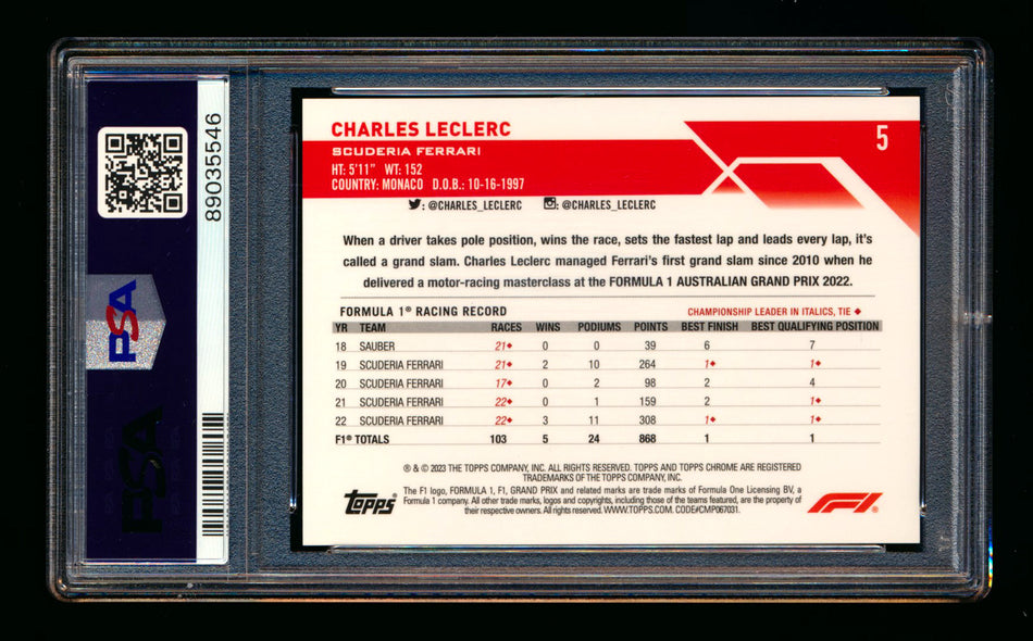 2023 Topps Chrome F1 #5 Charles Leclerc Refractor Image Variation Celebration SP PSA 10