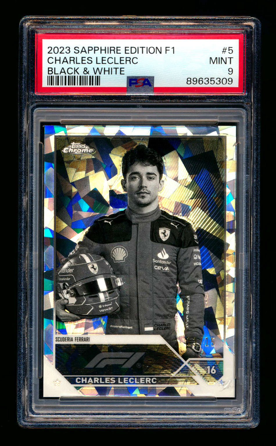 2023 Topps Chrome Sapphire F1 #5 Charles Leclerc Black & White Refractor Portrait #13/15 PSA 9