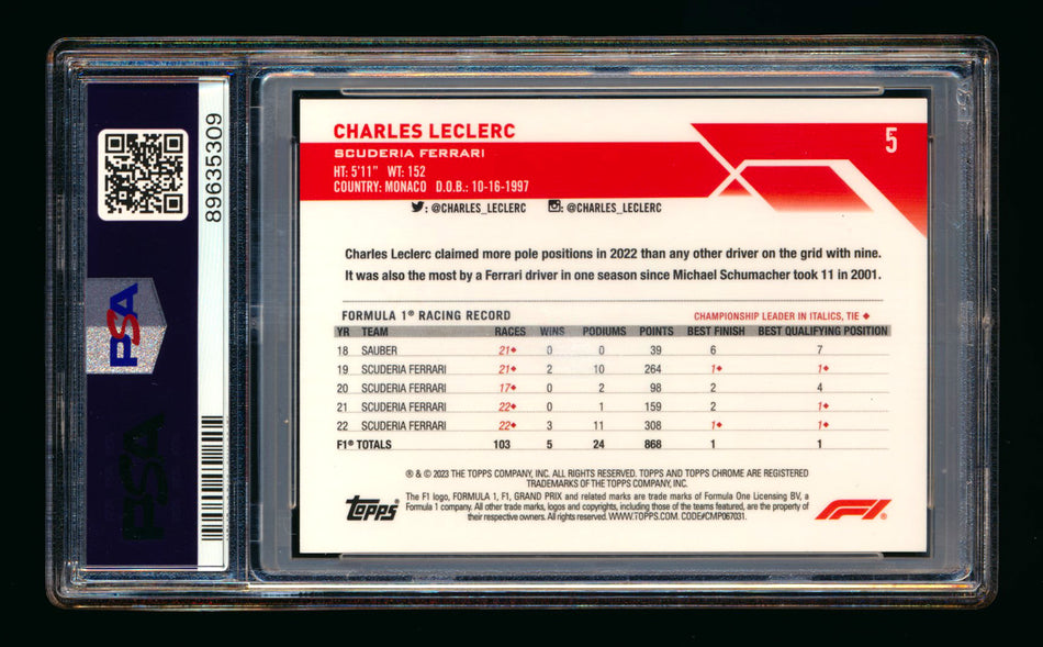 2023 Topps Chrome Sapphire F1 #5 Charles Leclerc Black & White Refractor Portrait #13/15 PSA 9