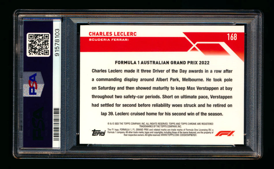 2023 Topps Chrome F1 #168 Charles Leclerc Orange Checker Flag Refractor #05/25 PSA 10 ** (SOLD - $60.00 - 12/17/2024) **