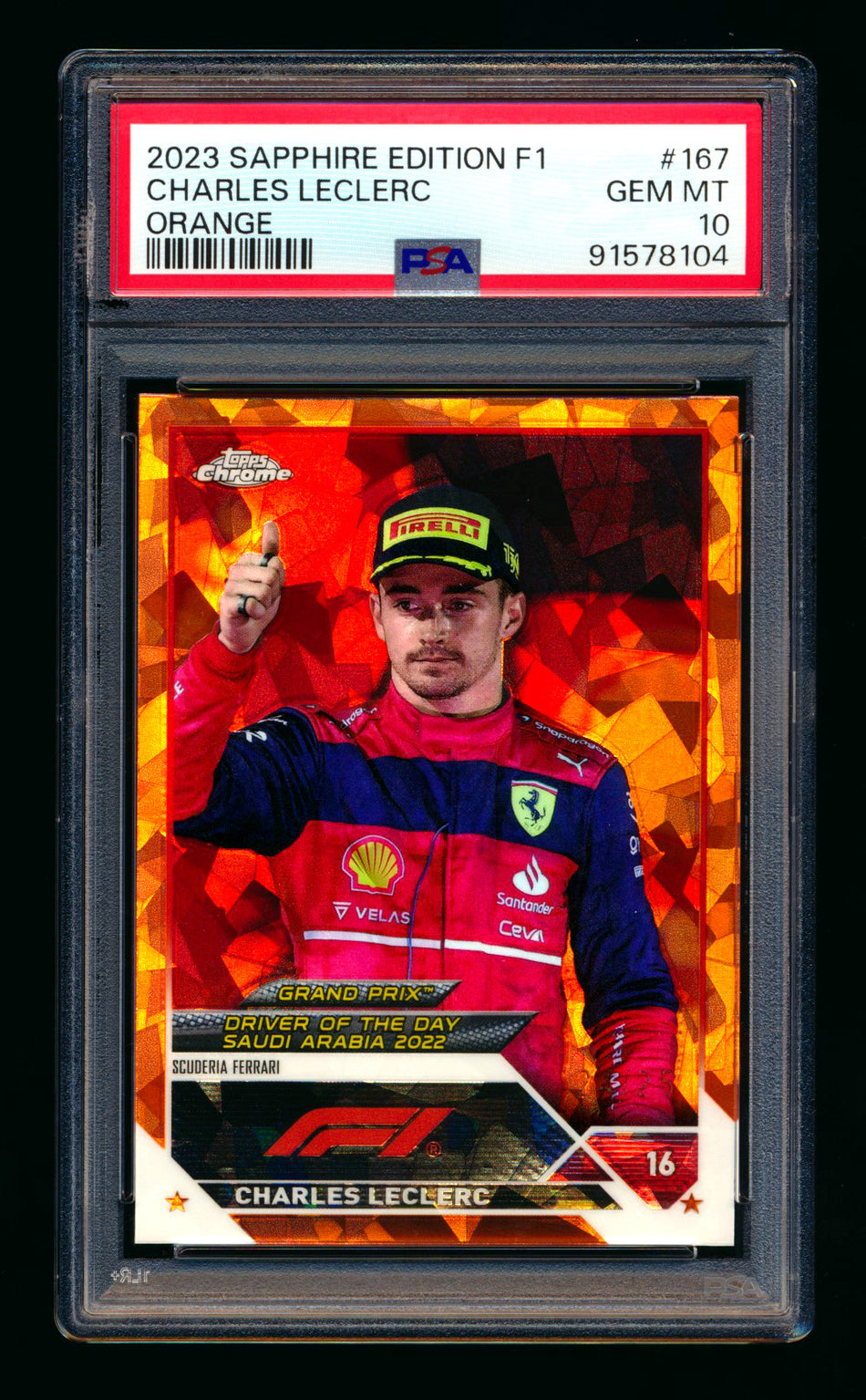 2023 Topps Chrome Sapphire F1 #167 Charles Leclerc Orange Refractor #24/25 PSA 10 ** (SOLD - $60.00 - 12/23/2024) **