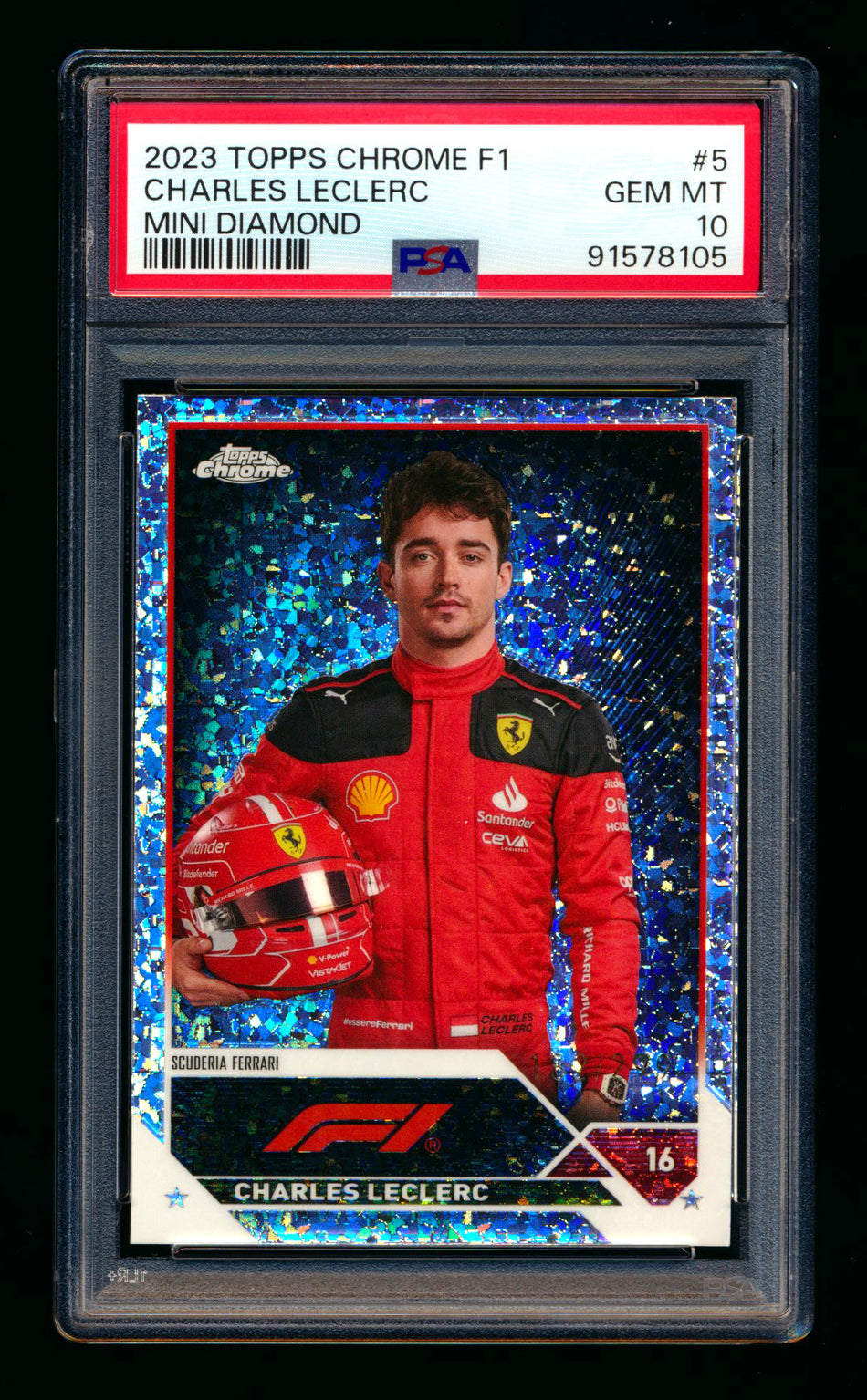 2023 Topps Chrome F1 #5 Charles Leclerc Mini Diamonds Refractor Portrait #182/299 PSA 10