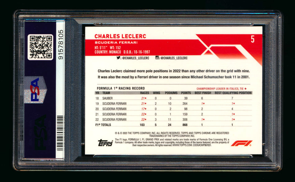 2023 Topps Chrome F1 #5 Charles Leclerc Mini Diamonds Refractor Portrait #182/299 PSA 10