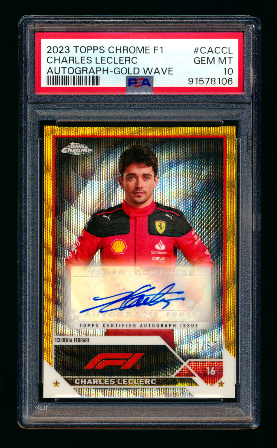2023 Topps Chrome F1 #CAC-CL Charles Leclerc Gold Wave Refractor Autograph #33/50 PSA 10 ** (SOLD - $535.00 - 1/11/2025) **