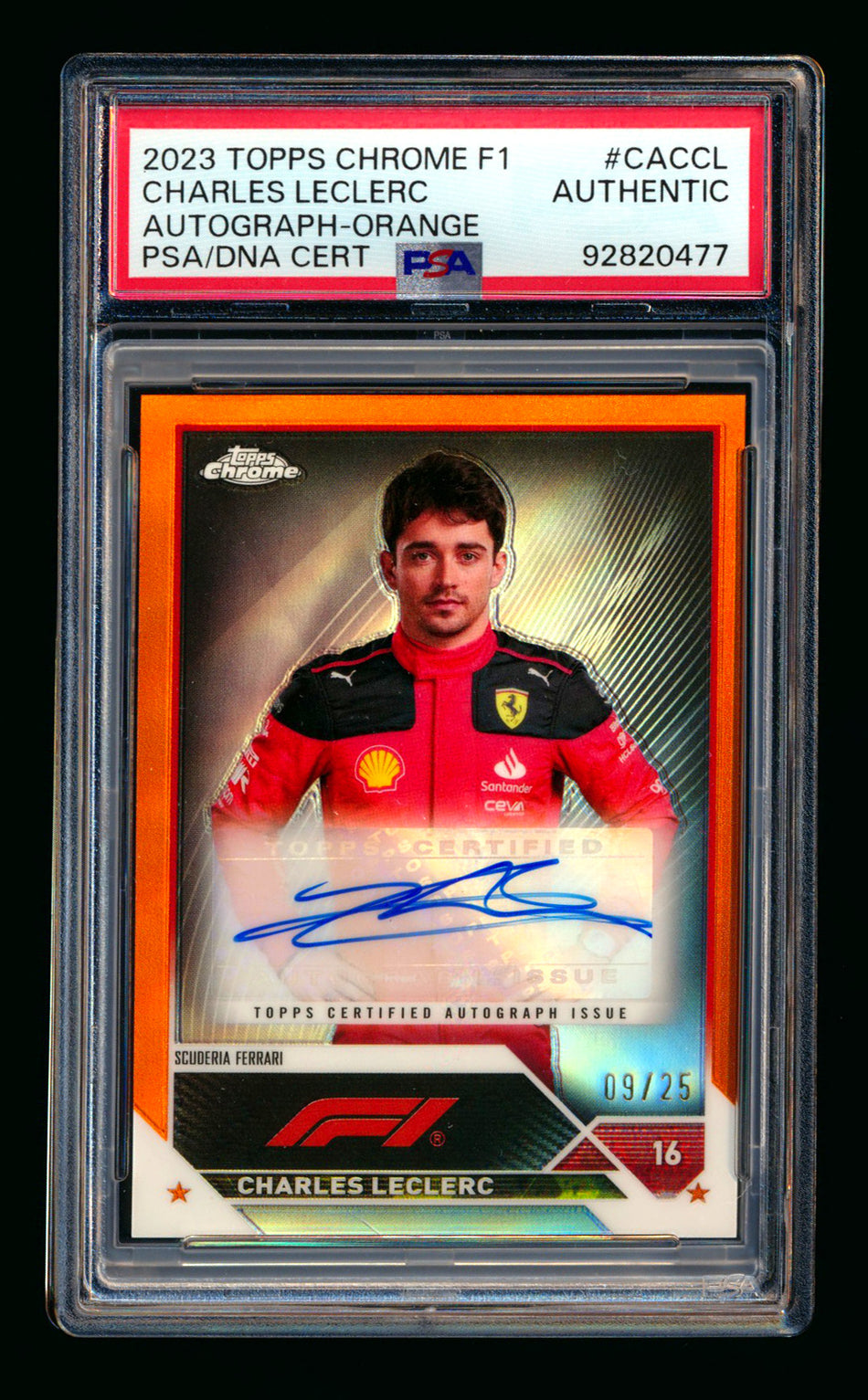 2023 Topps Chrome F1 #CAC-CL Charles Leclerc Orange Refractor Autograph #09/25 PSA Authentic