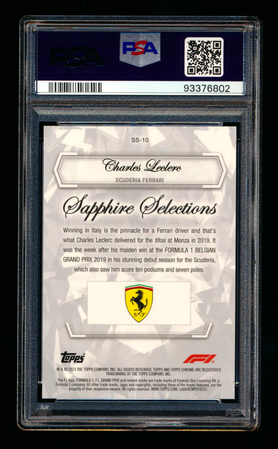 2023 Topps Chrome F1 Sapphire Selections #SS-10 Charles Leclerc Refractor PSA 10 ** (SOLD - $195.00 - 12/6/2024) **