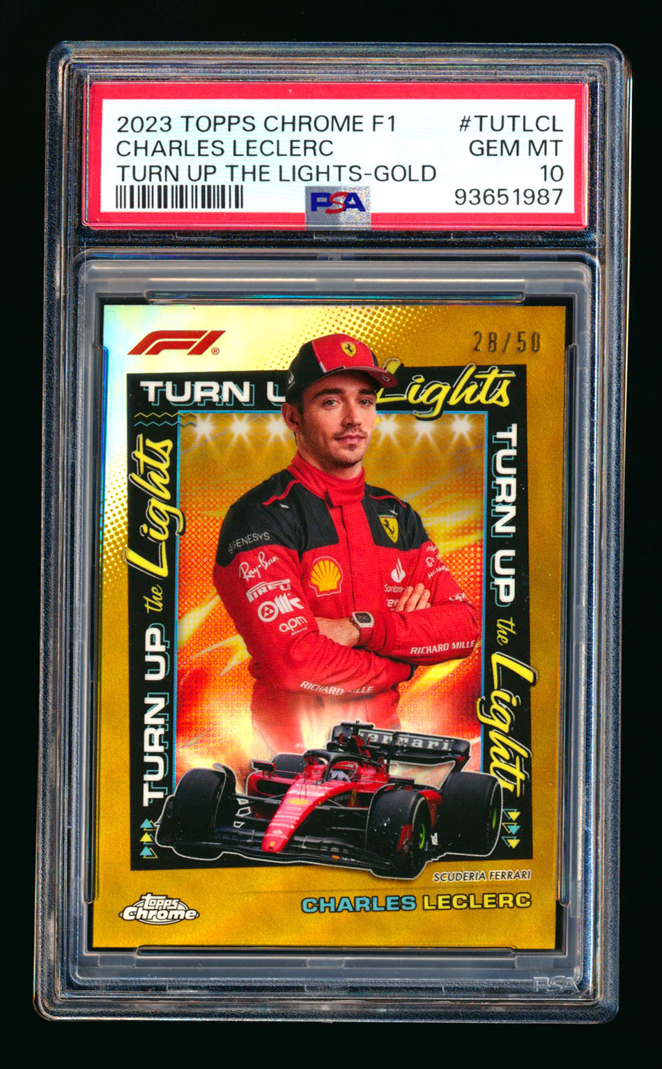 2023 Topps Chrome F1 Turn Up The Lights #TUTL-CL Charles Leclerc Gold Refractor #28/50 PSA 10