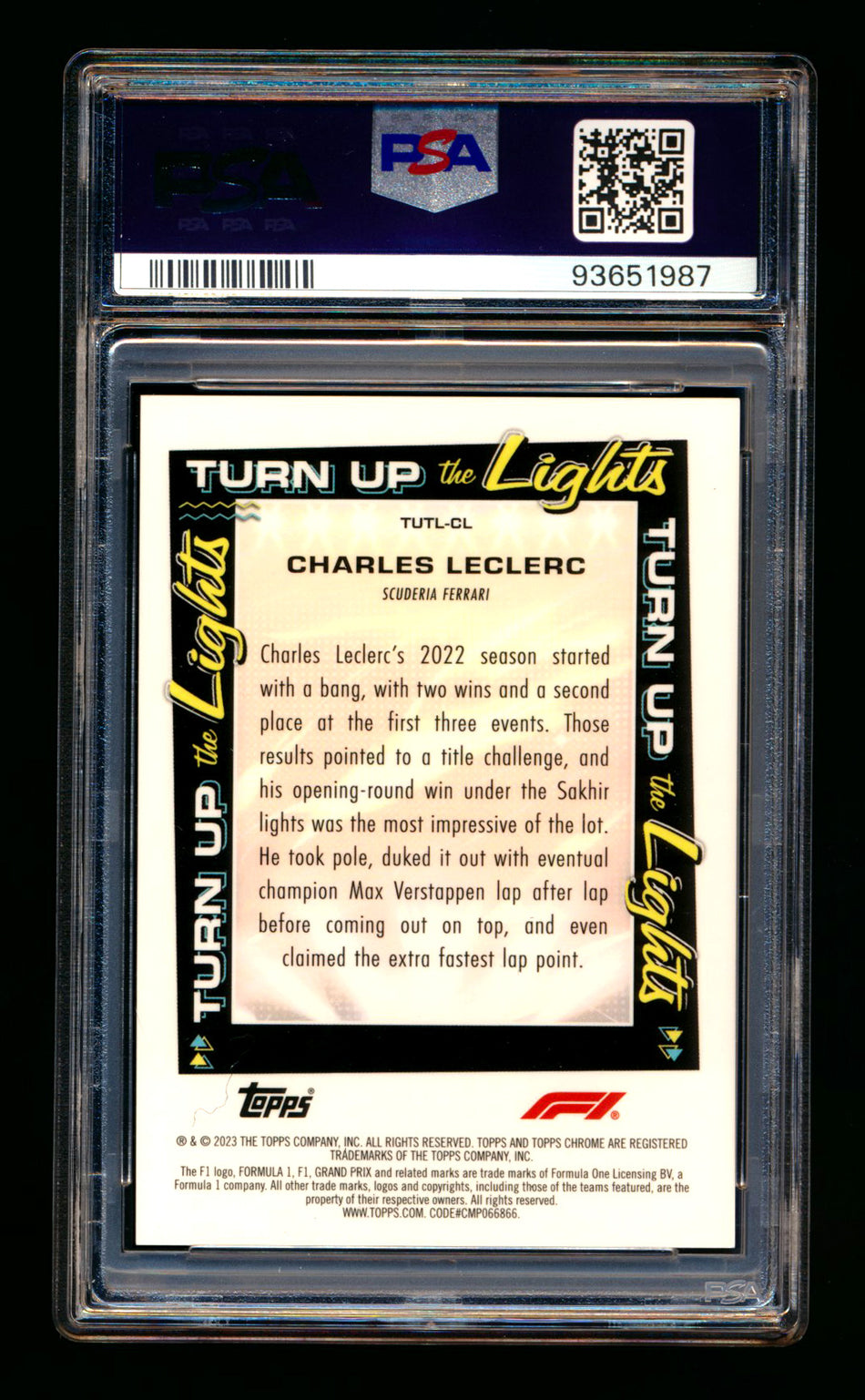2023 Topps Chrome F1 Turn Up The Lights #TUTL-CL Charles Leclerc Gold Refractor #28/50 PSA 10