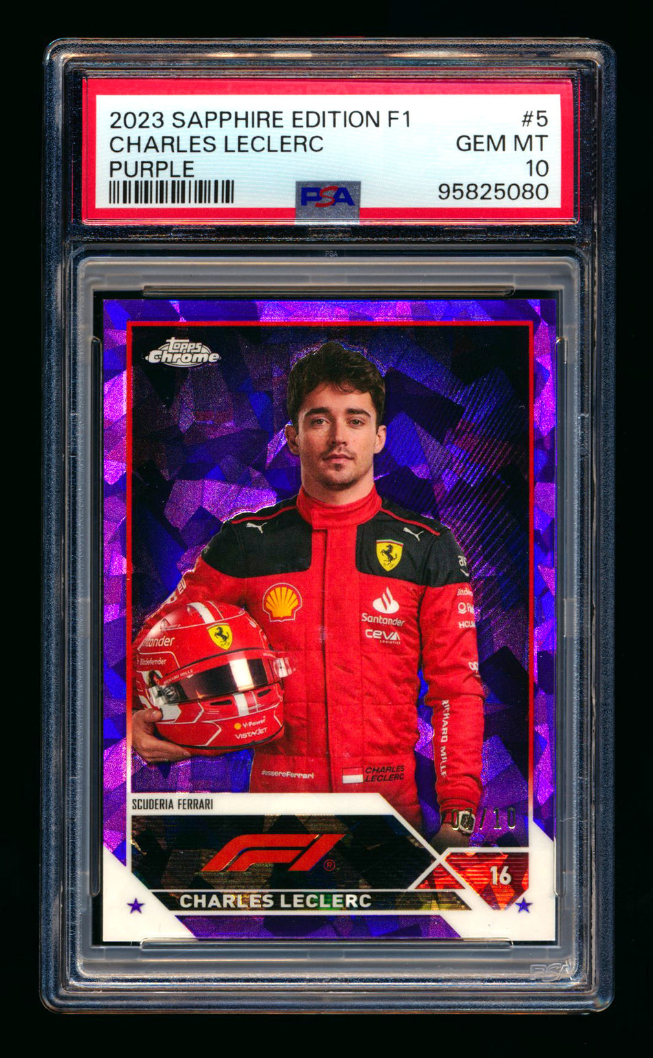 2023 Topps Chrome Sapphire F1 #5 Charles Leclerc Purple Refractor Portrait #07/10 PSA 10 ** (SOLD - $275.00 - 12/23/2024) **