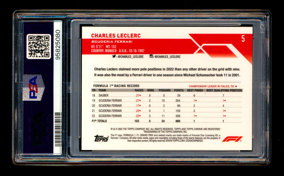 2023 Topps Chrome Sapphire F1 #5 Charles Leclerc Purple Refractor Portrait #07/10 PSA 10 ** (SOLD - $275.00 - 12/23/2024) **