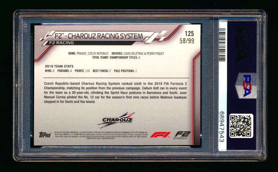 2020 Topps Chrome Sapphire F1 #125 Charouz Racing System Team Logo RC Aqua Refractor #58/99 PSA 9